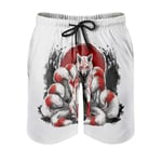 kikomia Men's Beach Shorts Japanese Kitsune Nine Tails Fox Red Sun Print Tribal Board Shorts with Pockets White XL