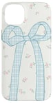 Coque pour iPhone 14 Plus Coquette esthétique bleu clair avec grand nœud à carreaux et motif floral