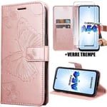 Fodral för Samsung Galaxy A54 5G, elegant flipfodral i rosa fjärilsmönster i syntetiskt läder + 2 genomskinliga härdade glasögon