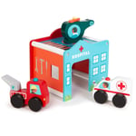 Wooden Toy Garage Fire Station Hospital Helipad Kids Engine Truck Ambulance