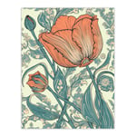 Tulip Flower Pattern Detail William Morris Style Painting Teal Blue Coral Pink Spring Blooms Nature Colourful Bright Floral Modern Artwork Unframed Wa