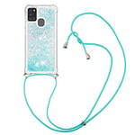 COTDINFOR Compatible avec Samsung A21S Coque Briller Liquide Gel Protection Housse Quicksand avec Cordon Collier Réglable téléphone Clear Antichoc TPU Étui Cases for Samsung A21S Star Blue YBFSS.