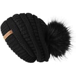 (Musta) Naisten talvipipo Neulottu Pompom-hattu Slouchy Beanie Skullies Velvet Vuori Naisten Lämmin Pehmeä Hattu Korean punainen lippalakki