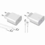 2-pack Laddare för iPhone / Android 20W med USB-C till Lightning och USB-C - Snabbladdare