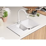 Evier Cuisine 78 x 50 cm, Evier en Granit 1,5 bac + Kit de Vidage, Evier a Encastrer de Primagran Blanc - white