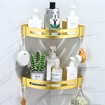 Étagère Douche sans Perçage Etagere Angle Tablette Salle de Bain avec 4 Crochets Panier de Rangement en Métal Antirouille Etagere Murale Adhésif(Dore, 2 Niveaux)