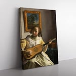 Girl Playing Instrument By Johannes Vermeer Classic Painting Canvas Wall Art Print Ready to Hang, Framed Picture for Living Room Bedroom Home Office Décor, 50x35 cm (20x14 Inch)