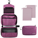 Larkumio Trousse de Toilette Homme Femme Voyage, Trousse de Maquillage Grande Capacité à Suspendre avec Crochet et Poignée, 1 Pochette Maquillage + 2 Sac à Cordon, Violet