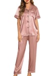 Lovasy Pyjama Satin Femme Short Ensemble Pyjamas Manches Courtes Chemises de Nuit Sexy Chic Ete 2 Pièces Vêtements de Nuit en Soie Boutonnée, Y-Rose Haricot L