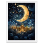 Golden City in the Clouds Surreal Artwork Blue Gold Crescent Moon Starry Night Fairytale Artwork Framed Wall Art Print A4