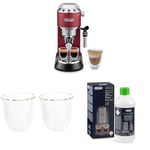 De'Longhi Dedica EC 685.R Machine à expresso porte-filtre rouge + verre à expresso isolé lot de 2 + détartrant | Détartrant universel pour 4 opérations de détartrage