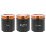 Tea Coffee Sugar Canisters Black Copper Set of 3 Kitchen Storage Jars Pots Metal