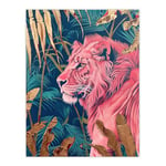 Artery8 Regal Pink Lion in Teal Blue Gold Tropical Jungle Living Room Large Wall Art Poster Print Thick Paper 18X24 Inch