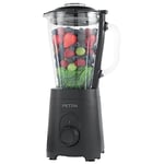 Petra PT5531MBLKVDE Mixeur avec pichet en verre, pichet 1,5 L sans BPA, couvercle EK1 avec verrou, lame en inox, 2 vitesses, fonction Pulse, mesure ml/L/tasses/floz, 600 W, machine à smoothie, noir