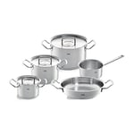 Fissler Original Profi Collection Batterie de cuisine 5 pièces en acier inoxydable avec couvercle en métal (3 faitouts avec couvercle, 1 poêle de service, 1 casserole à poignée) - Induction