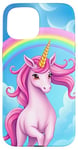 iPhone 15 Colorful Unicorn in Clouds with Bright Rainbow Case