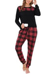 Vlazom Women's Pyjama Sets V-Neck Soft Long Sleeve Top & Plaid Pant Pjs Set Sleepwear with Pockets Drawstring,Black Red Plaid, M