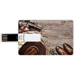 32G USB Flash Drives Credit Card Shape Western Memory Stick Bank Card Style American Legend Cowboy Ranching Gear Retro Gun in Holster Antique Hat Rustic,Tan and Brown Waterproof Pen Thumb Lovely Jump