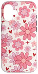 Coque pour iPhone 16 Retro Pink Flowers Valentine's Red Heart Floral Pattern