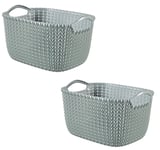 Curver Knit Collection Rectangle Handled Plastic Kitchen Garden Storage Basket (Medium Misty Blue, Set of 2)