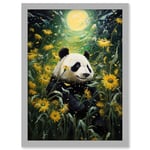 Midsummer Night's Panda Dream Oil Painting Panda Bear in a Full Moon Sunflower Field Landscape Kids Bedroom Artwork Framed A3 Wall Art Print