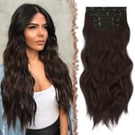 FESHFEN Extension de Cheveux à Clips, Longue Marron Foncé Ondulées Bouclées Extension à Clip Cheveux 4 PCS Synthétique Naturel Postiche Cheveux Extensions de Cheveux pour Femme 50 cm