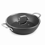 Lacor - 27034 - Casserole basse avec couvercle EASY Ø 24 cm, Aluminium forgé, Revêtement antiadhésif TRIcapa, Fond à induction complète, Poignée en acier inox, Couvercle en verre trempé, Noir