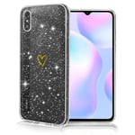 Coque pour Xiaomi Redmi 9A / Redmi 9AT, Housse de Téléphone Bling Pailletée Antichoc, Ultra Mince Glitter Motif Coeur d'amour Mignon Silicone Etui, Anti-Rayures - Transparente