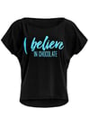 WINSHAPE Mct002 T-Shirt à Manches Courtes Ultra léger en Modal avec imprimé à Paillettes Bleu Fluo « I Believe in Chocolate », Femme, T-Shirt, MCT002-SCHWARZ-BLAU-CHOCOLATE, Noir/Bleu Fluo, s