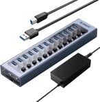 13 Ports Usb Hub En Aluminium Alimenté,Concentrateur De Données Usb3.0 60 W Avec Charge Bc1.2(12 V/5 A),Tous Les Ports Avec Commutateur Indépendant Pour Pc,Imac,Disque Dur Mobile,Clé Usb