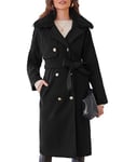 CURLBIUTY Femme Manteau Long Double Boutonnage Col En Fausse Fourrure Détachable Avec Ceinture Poches Ouvertes