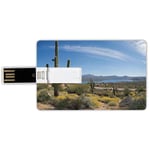 8G USB Flash Drives Credit Card Shape Saguaro Cactus Decor Memory Stick Bank Card Style Big Cactus on the Valley Over Bartlett Lake in Desert Shallow Root Nature Image,Blue Green Waterproof Pen Thumb