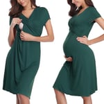 Irdcomps Women’s Breastfeeding Nightdress Maternity Nightshirt Nursing Nightgown Soft V Neck Pajama Loungewear Tops Dress for Pregnant Casual（Dark Green，S）