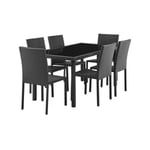 Ensemble repas de jardin - table en verre trempé et 6 chaises en résine tressée noir - Table 160x80x73 cm - Chaise : 44x54x88