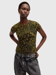 AllSaints Ellie Animal Print Mesh T-Shirt, Green Khaki