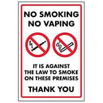 V Safety No Smoking No Vaping/It Is Against The Law To Smoke Sign - 200mm x 300mm - Self Adhesive