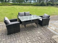 4 Seater Outdoor Dark Grey Mixed High Back Rattan Sofa Dining Table Set Garden Furniture With Arm Chairs