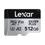 Lexar Silver Plus Carte Micro SD 512 Go, Vitesse de Lecture jusqu'à 205 Mo/s, Vitesse d'écriture 150 Mo/s, Carte mémoire Micro SD avec Adaptateur SD, UHS-I, A2, U3, V30, Classe 10, 4K UHD microSDXC