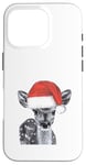 Coque pour iPhone 16 Pro Dessin d'esquisse de faon mignon portant un chapeau de Père Noël