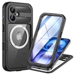 Lanhiem Coque pour iPhone 16 Étanche, IP68 Imperméable 360 Integral Renforcée Antipoussière Anti-Neige Resistante Waterproof Etui [Compatible avec MagSafe] Protection Housse pour iPhone 16, Noir