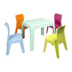 Resol Groupe Jan Set pour Enfant 1 intérieur, extérieur, Jardin, Table Aquamint + 4 chaises Fuchsia/Orange/Lime/Bleu