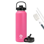 Fjbottle Gourde en acier inoxydable avec paille 950 ml/1200 ml, 2 couvercles sans BPA, Bouteille d'eau anti-fuite – Bouteille isotherme pour le sport, le vélo, l'école, le fitness