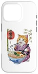 Coque pour iPhone 16 Pro Chat animé mignon en kimono mangeant des ramen Anime drôle