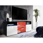 Meuble Banc TV Urbino Komodee - LED RGB - Blanc Brillant et Noir - Facades en Brillant - 140 x 53 x 35 cm