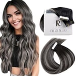 RUNATURE Extension Adhesive Cheveux Naturel Ombre Noir à Argent Bande Extension Cheveux Humain Invisible Extension Cheveux Naturel Balayage Adhesif 12 Pouces/30cm 20 Pièces/30g #1B/Silver