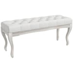 Banc banquette capitonnée style classique 110 cm bout de lit rembourré en lin piètement Bois hévéa sculpté blanc crème