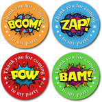 40mm Superhero Thank You for Coming to My Party Stickers. 4 Bright Colours (24