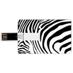 8G USB Flash Drives Credit Card Shape Zebra Print Memory Stick Bank Card Style Zebra Animal Skin Pattern Nature Desert Life Theme Simple Stylish Illustration Decorative,Black White Waterproof Pen Thu