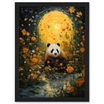 Artery8 Harvest Moon Panda Landscape Oil Painting Panda Bear in a Wildflower Meadow with Flowing Stream Kids Bedroom Artwork Framed A3 Wall Art Print