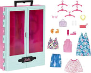 BARBIE BRAND Closet Playset with 3 Outfits, 3 Pairs of Shoes, 2 Purses, Necklace and Sunglasses Accessories, 5 Hangars, Gift for 3 to 8 Years Old, HKR92